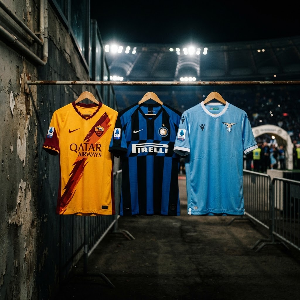 tre maglie da calcio della Serie A appese fianco a fianco rappresentanti Roma, Inter e Lazio
