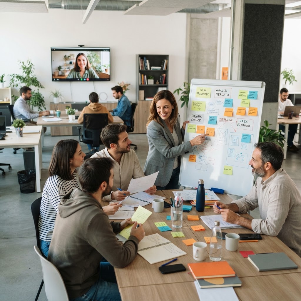 team ibrido al lavoro in ufficio open space con postazioni miste