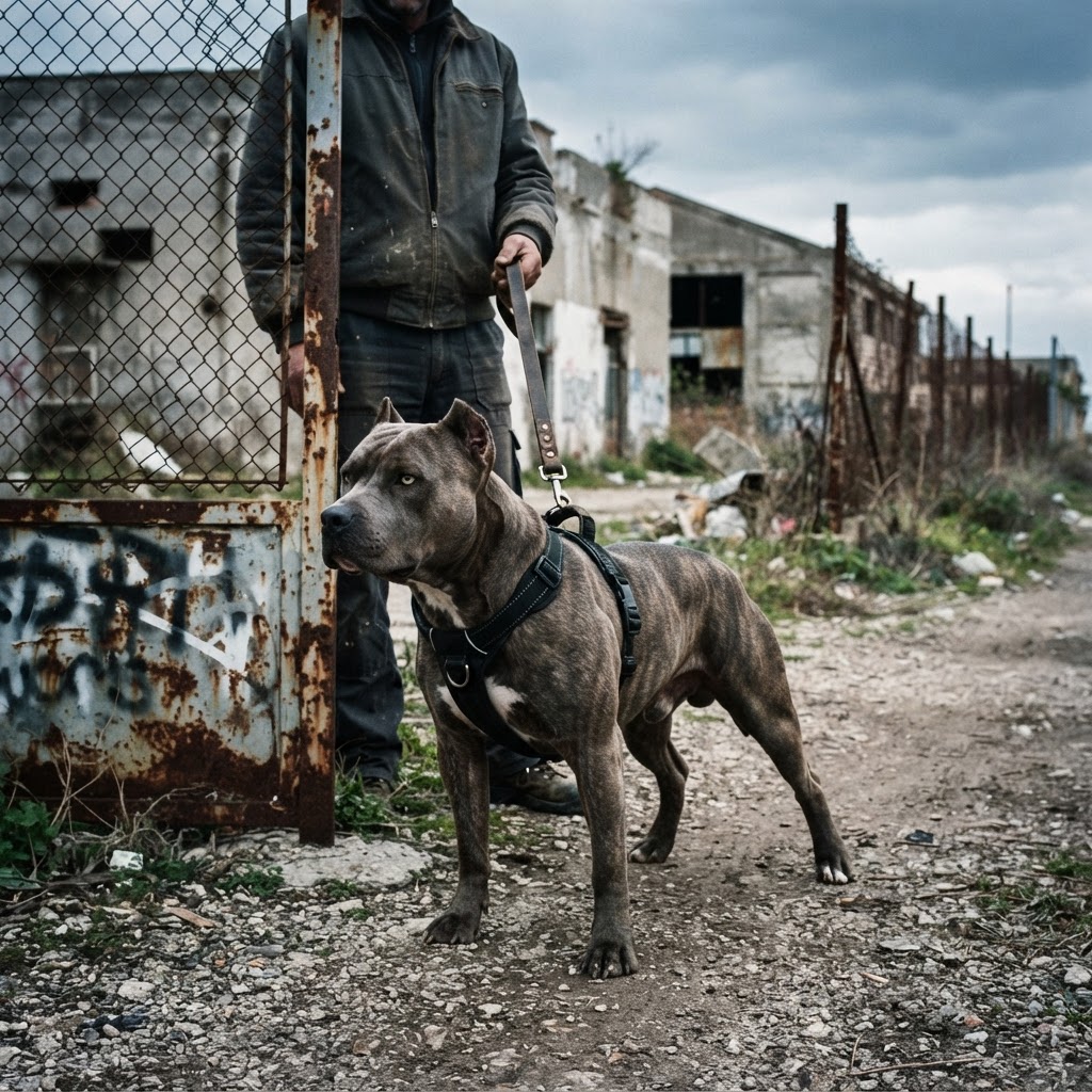 pitbull al guinzaglio in ambiente urbano periferico