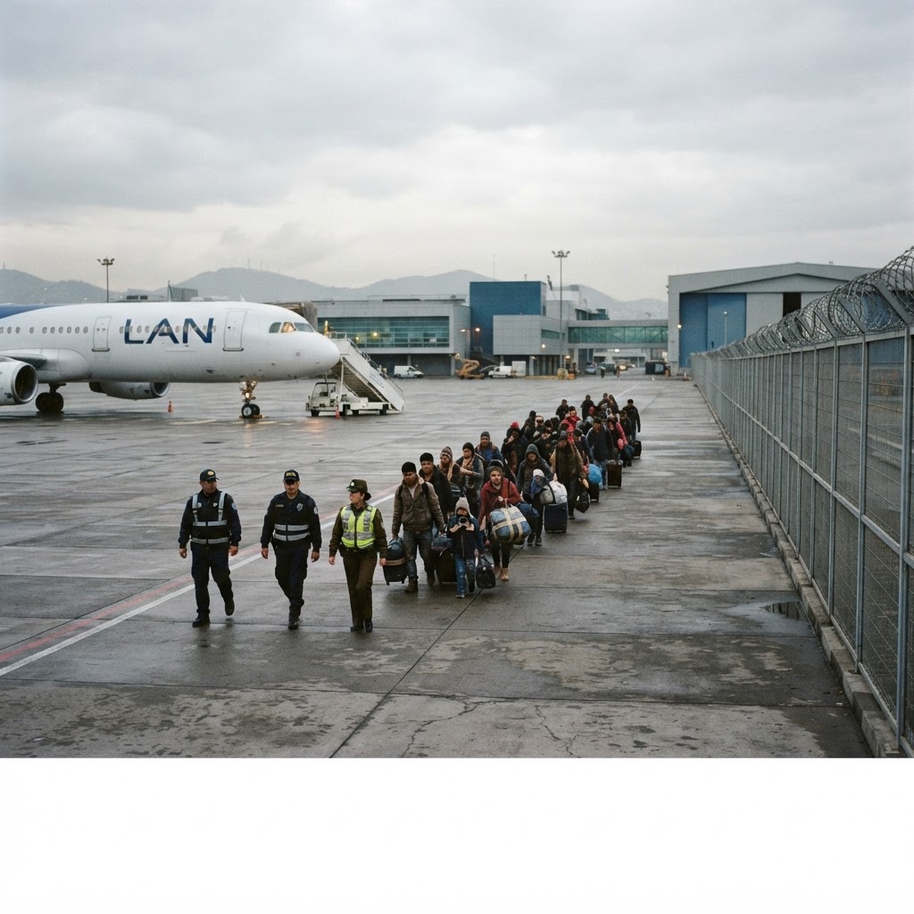 migranti in attesa vicino a un aereo sul piazzale di un aeroporto