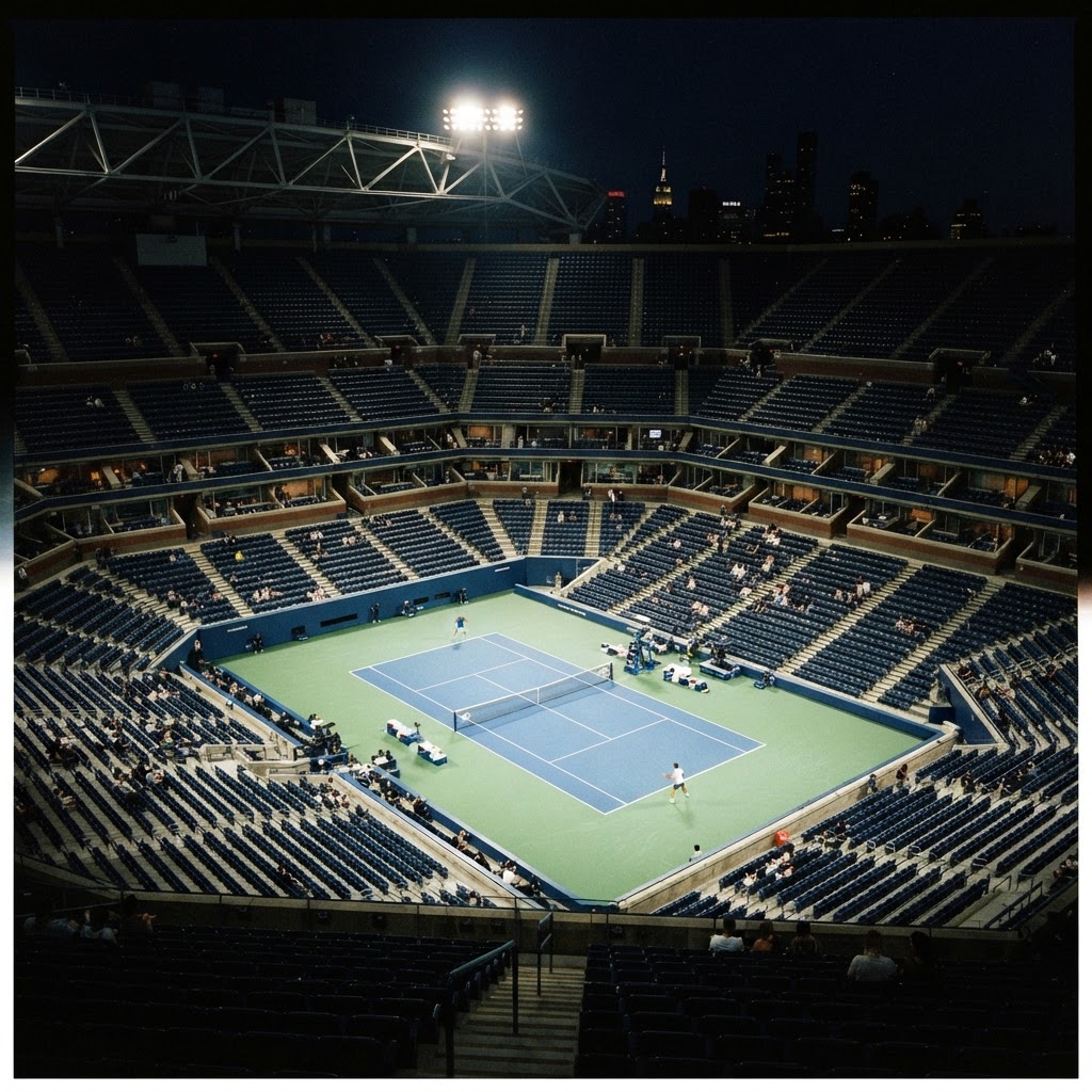 campo da tennis di notte con luci accese e tribuna quasi deserta