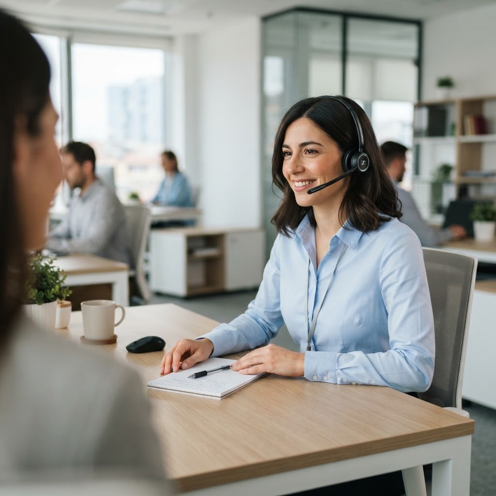 operatore di customer care al lavoro alla scrivania in un contesto aziendale PMI