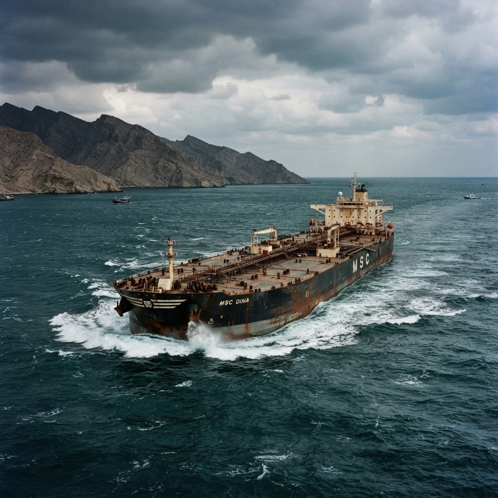 petroliera che transita nello Stretto di Hormuz con acque blu-verdi e costa rocciosa sullo sfondo