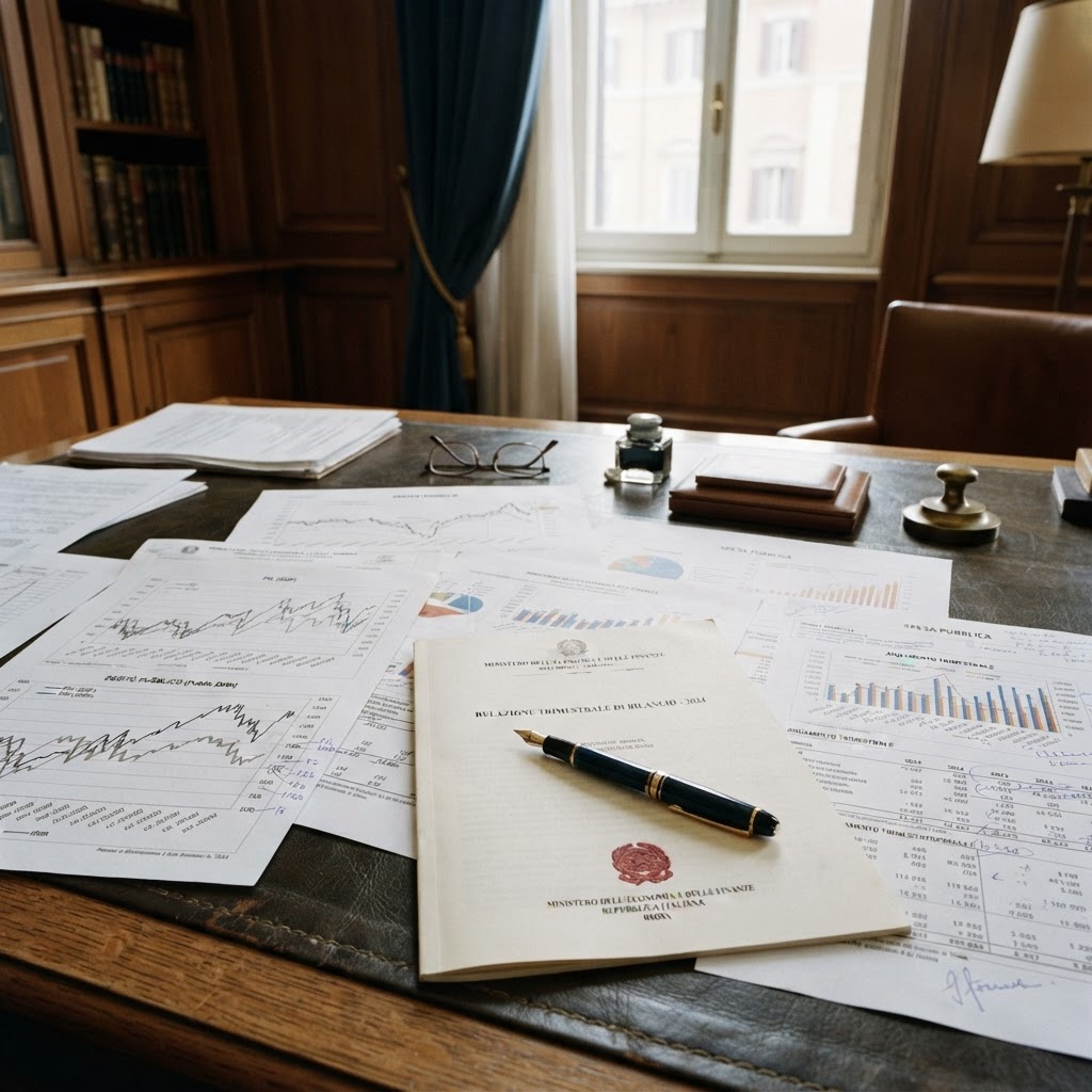 documenti di bilancio e grafici finanziari su una scrivania istituzionale