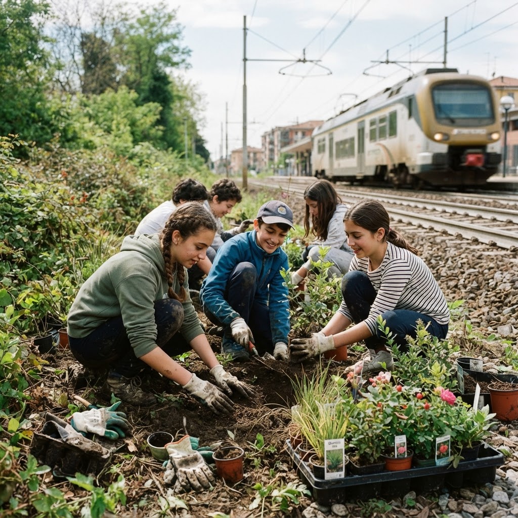studenti adolescenti che piantano piante autoctone lungo una fascia verde ferroviaria