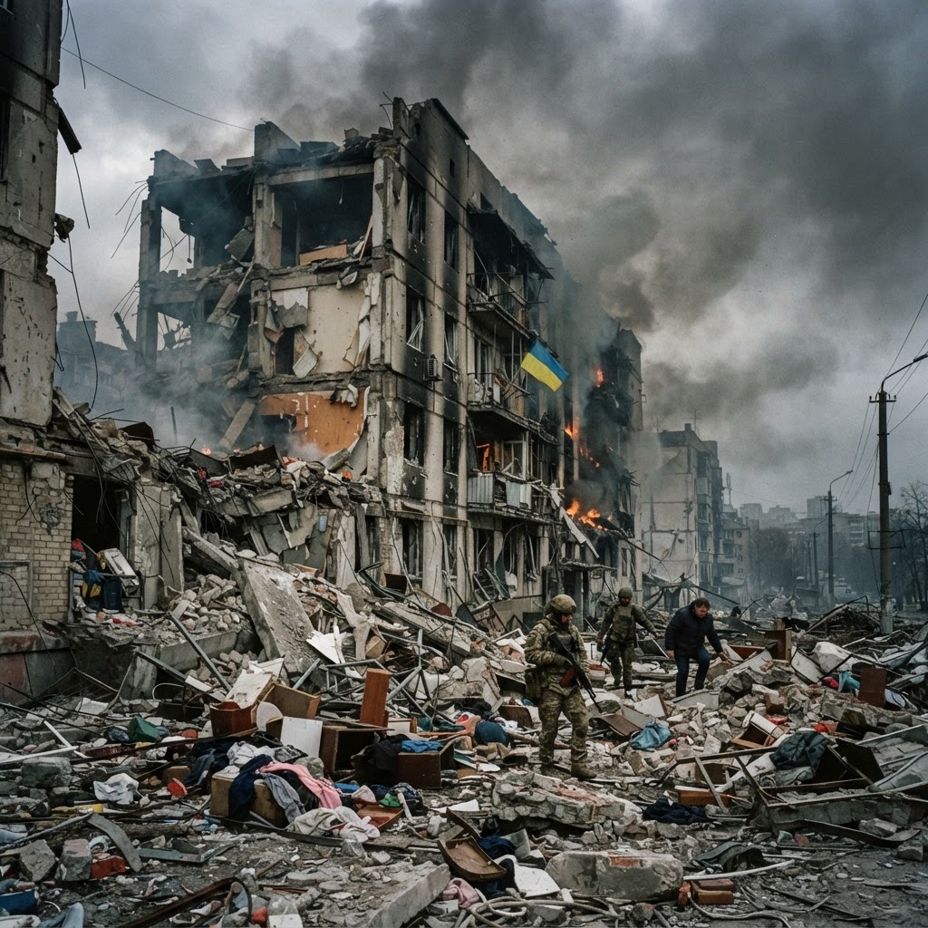 Edificio civile bombardato con macerie e fumo sullo sfondo