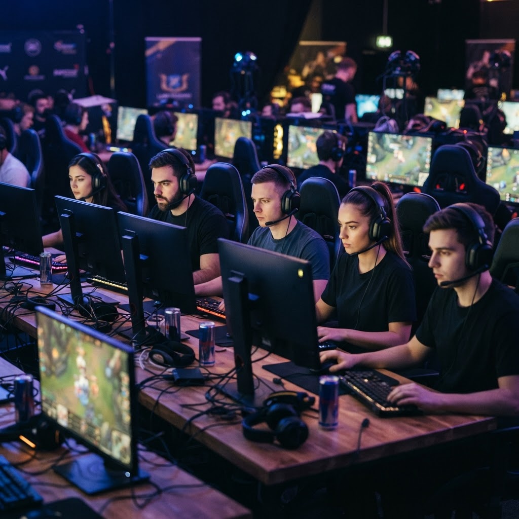 gruppo di cinque persone che giocano insieme in modo competitivo