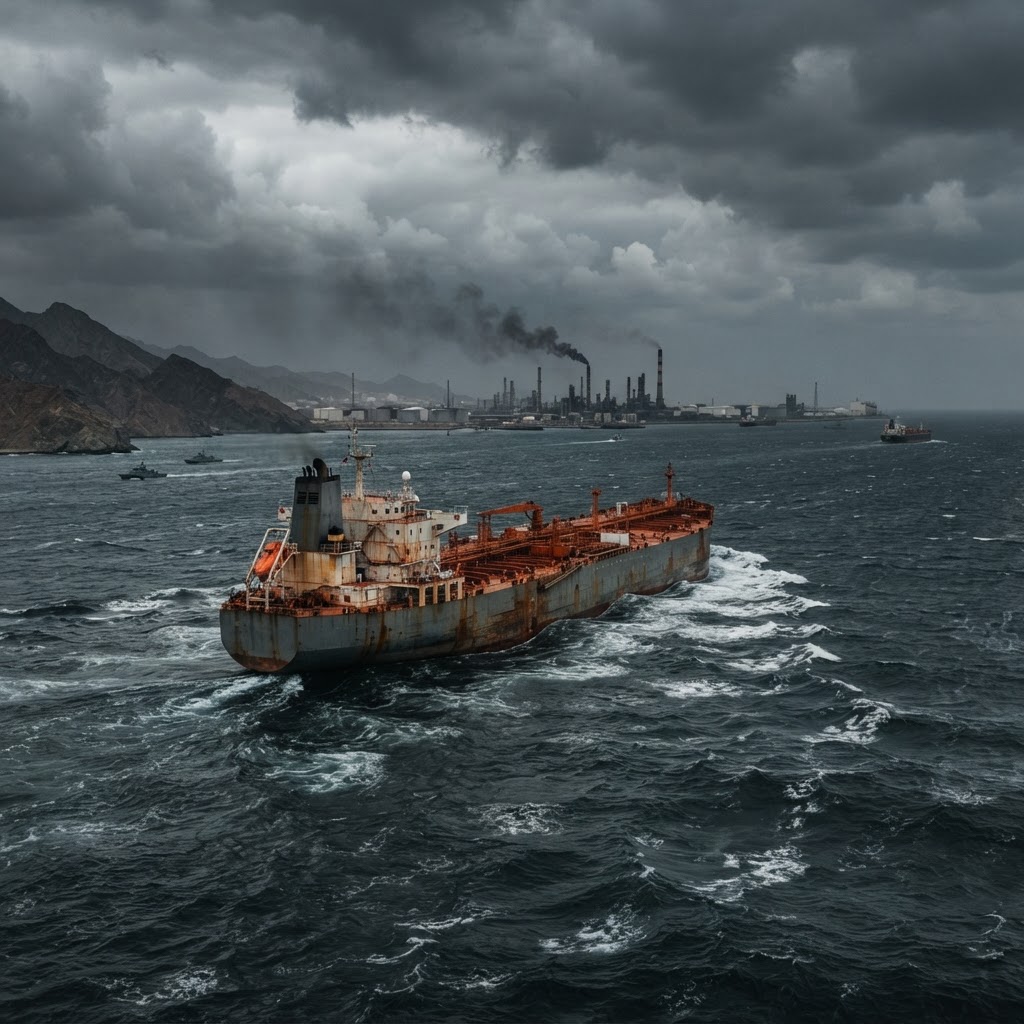 petroliera in navigazione nello Stretto di Hormuz con cielo carico e mare agitato