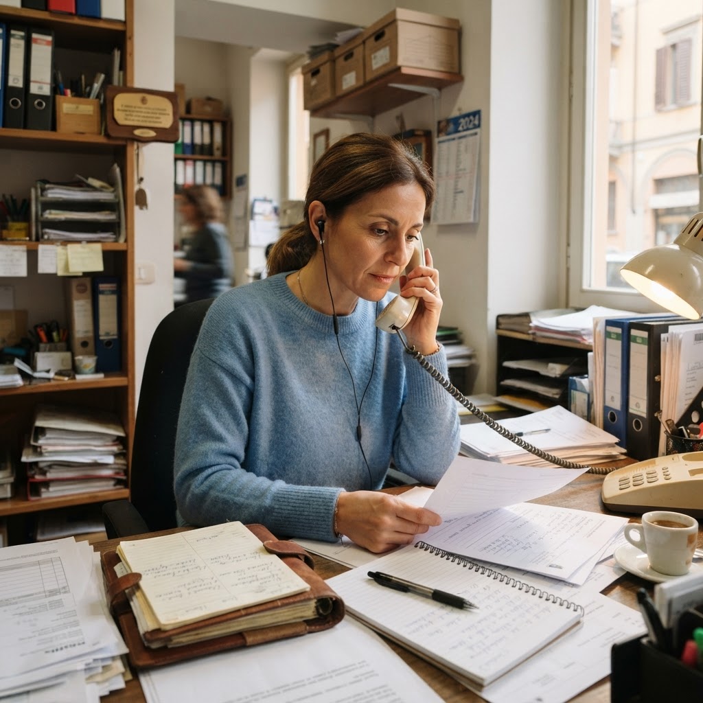 operatrice di customer service al lavoro in un piccolo ufficio italiano