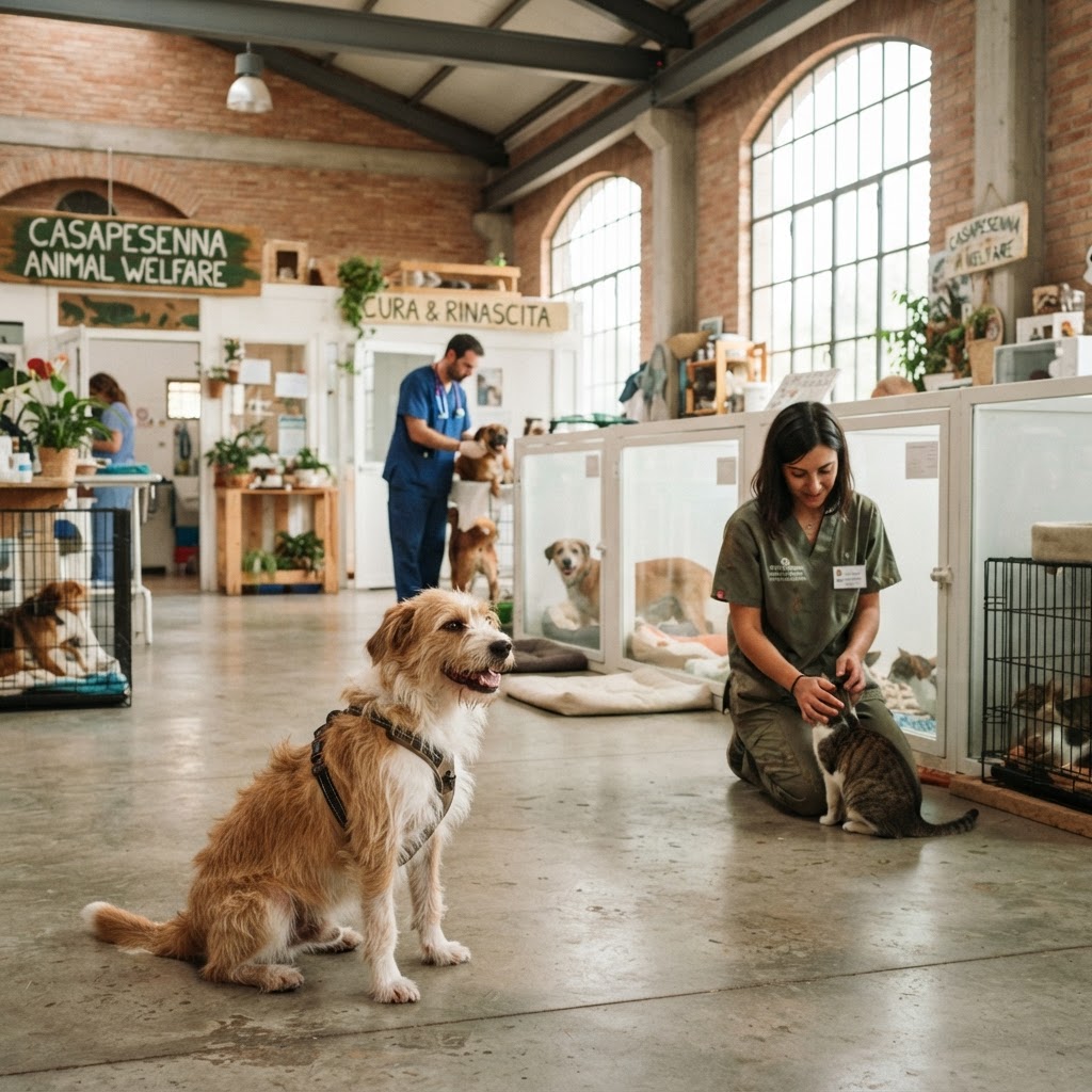 animali domestici in un centro di accoglienza veterinaria ricavato da un edificio industriale