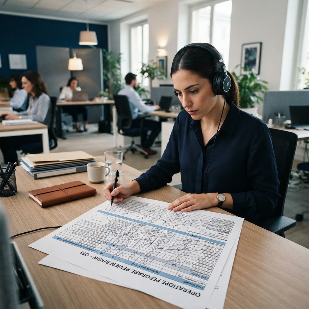 operatore del customer care al lavoro con cuffie e documenti