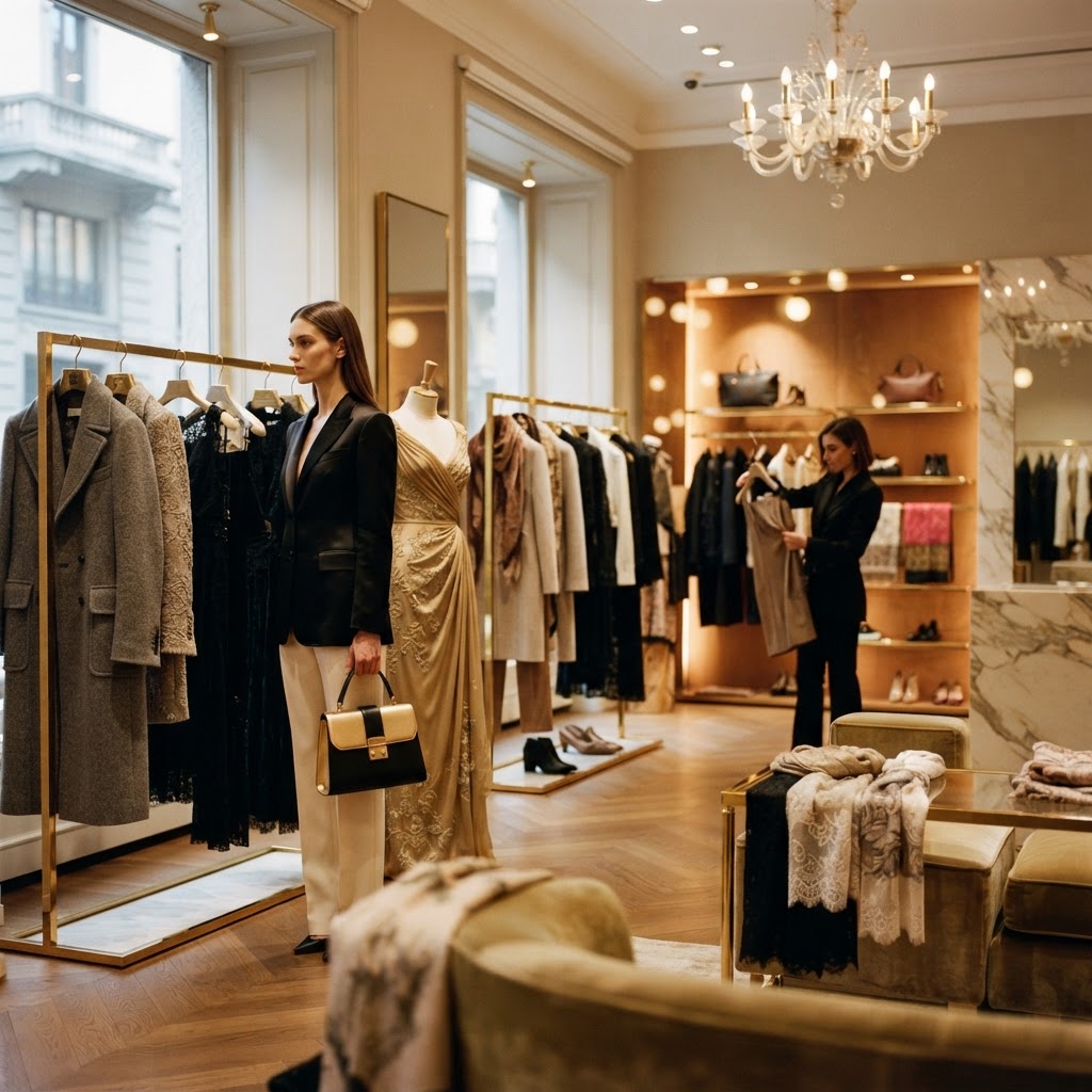 vetrina o showroom di un brand del lusso italiano con abiti e accessori di alta gamma