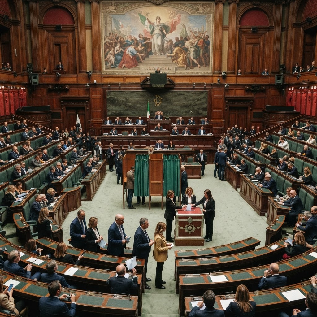 aula parlamentare italiana con seggi e urna per voto segreto