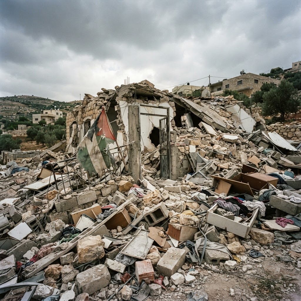 macerie di un edificio palestinese distrutto con detriti e polvere