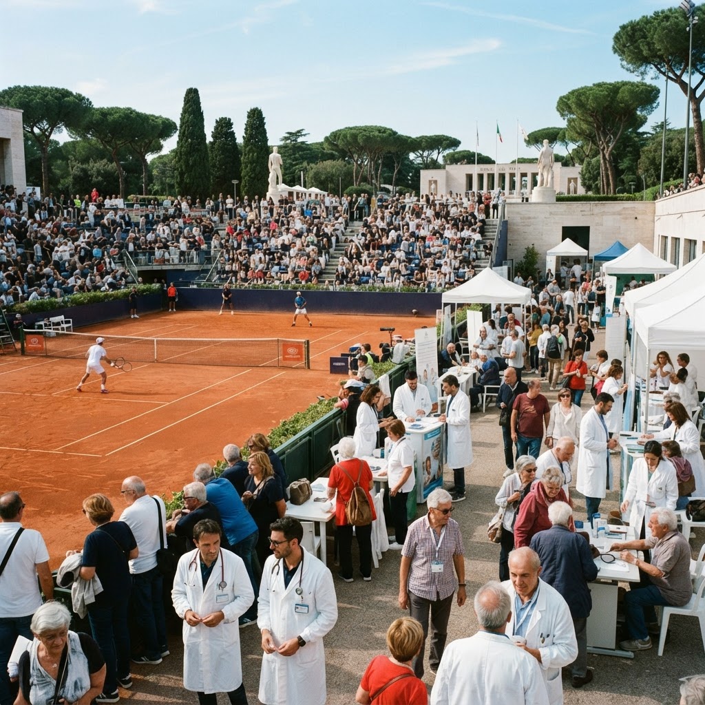 campo da tennis al Foro Italico con stand medici e pubblico