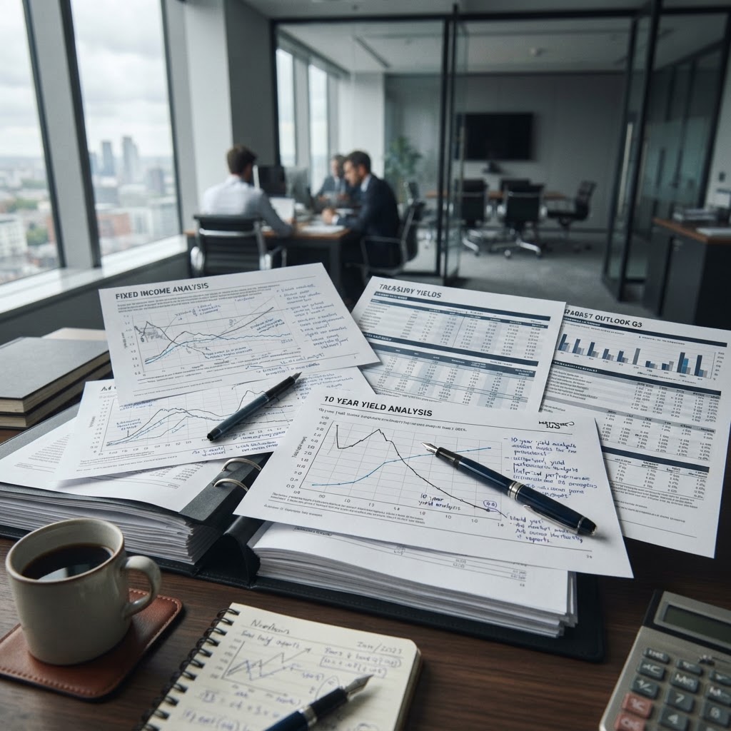 grafici obbligazionari e documenti finanziari su una scrivania professionale