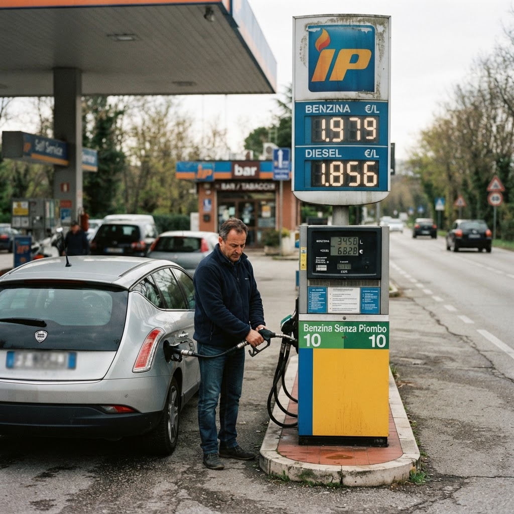 pompa di benzina self-service con cartello prezzo visibile