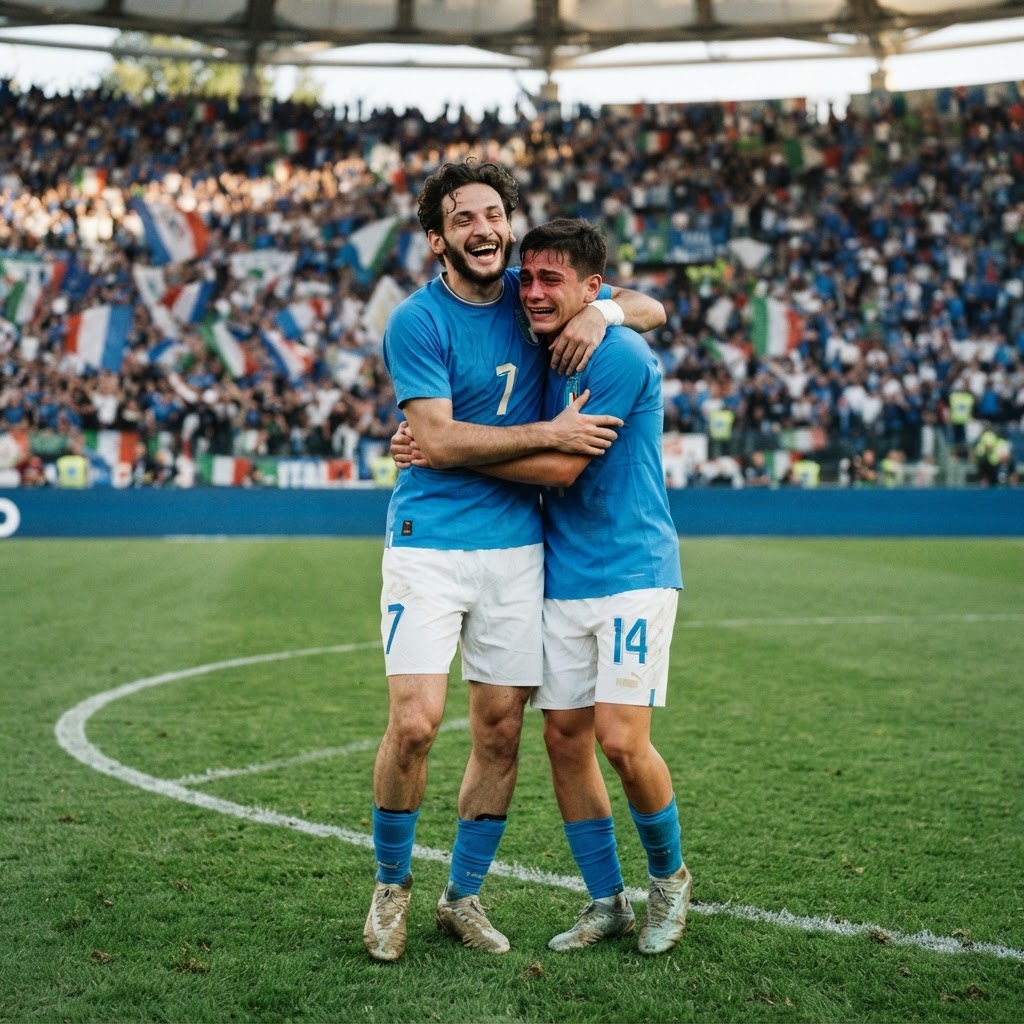 due calciatori in maglia azzurra della Nazionale italiana che esultano insieme