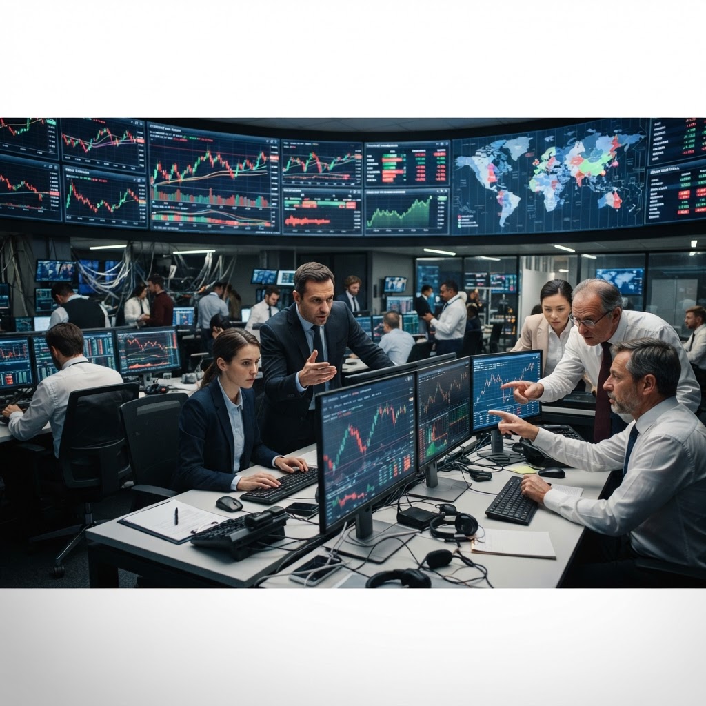 sala trading o sala conferenze con grafici economici su schermi professionali e operatori in tensione