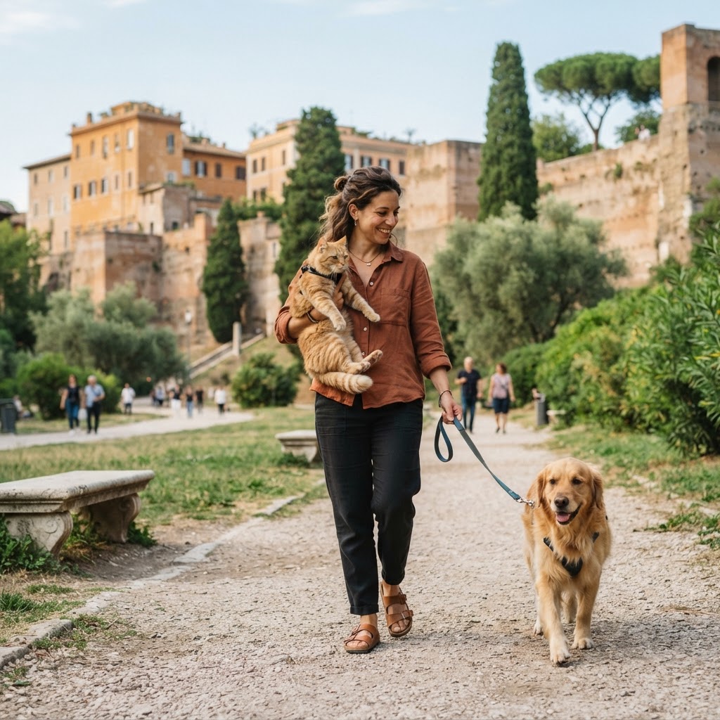 proprietario con cane al guinzaglio e gatto in braccio a Roma