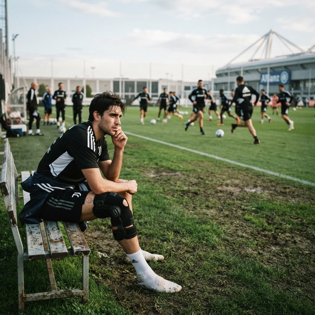 calciatore della Juventus con tutore o fasciatura che osserva i compagni allenarsi dal bordo del campo