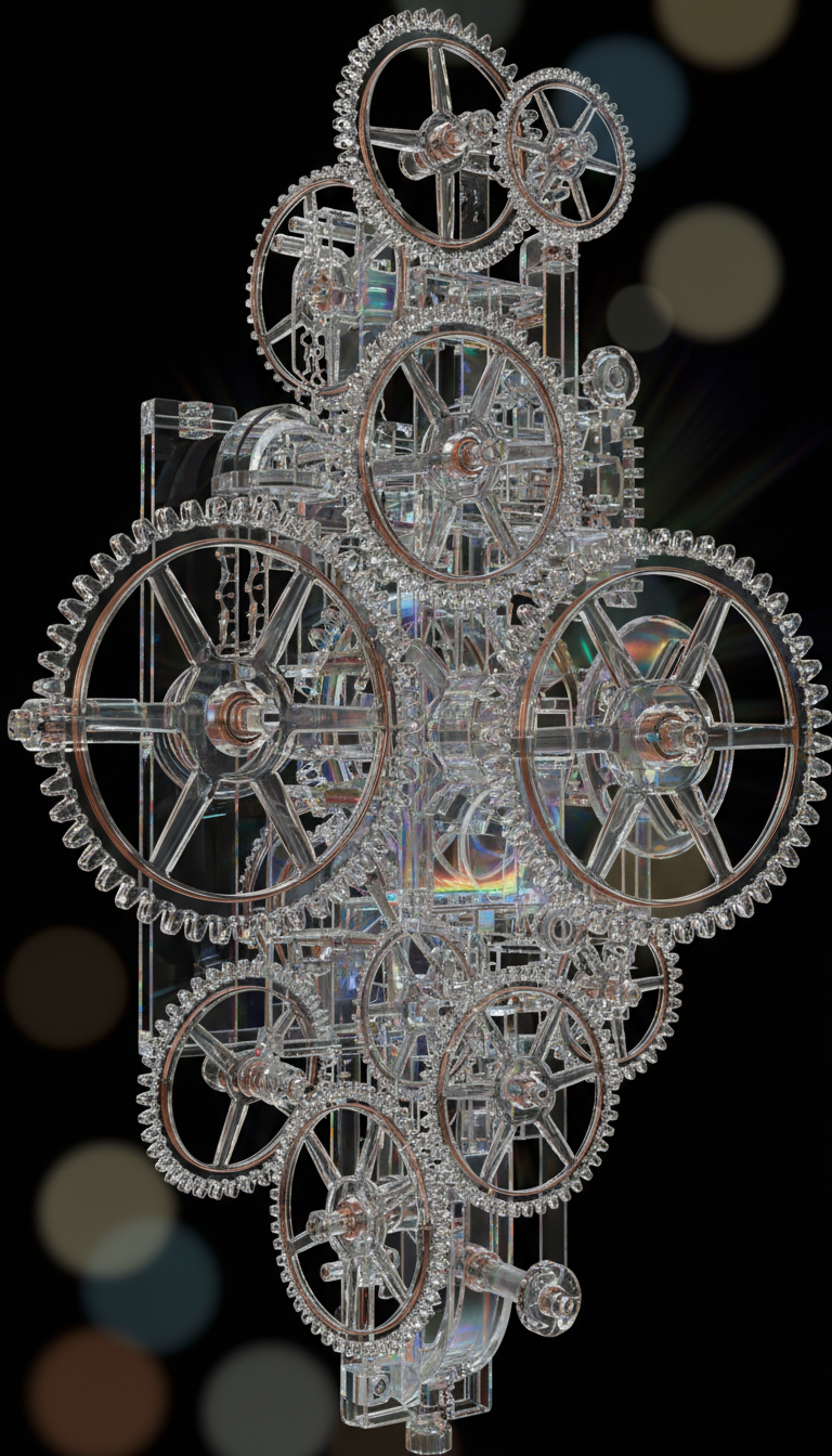 Glass clockwork mechanisms representing automation