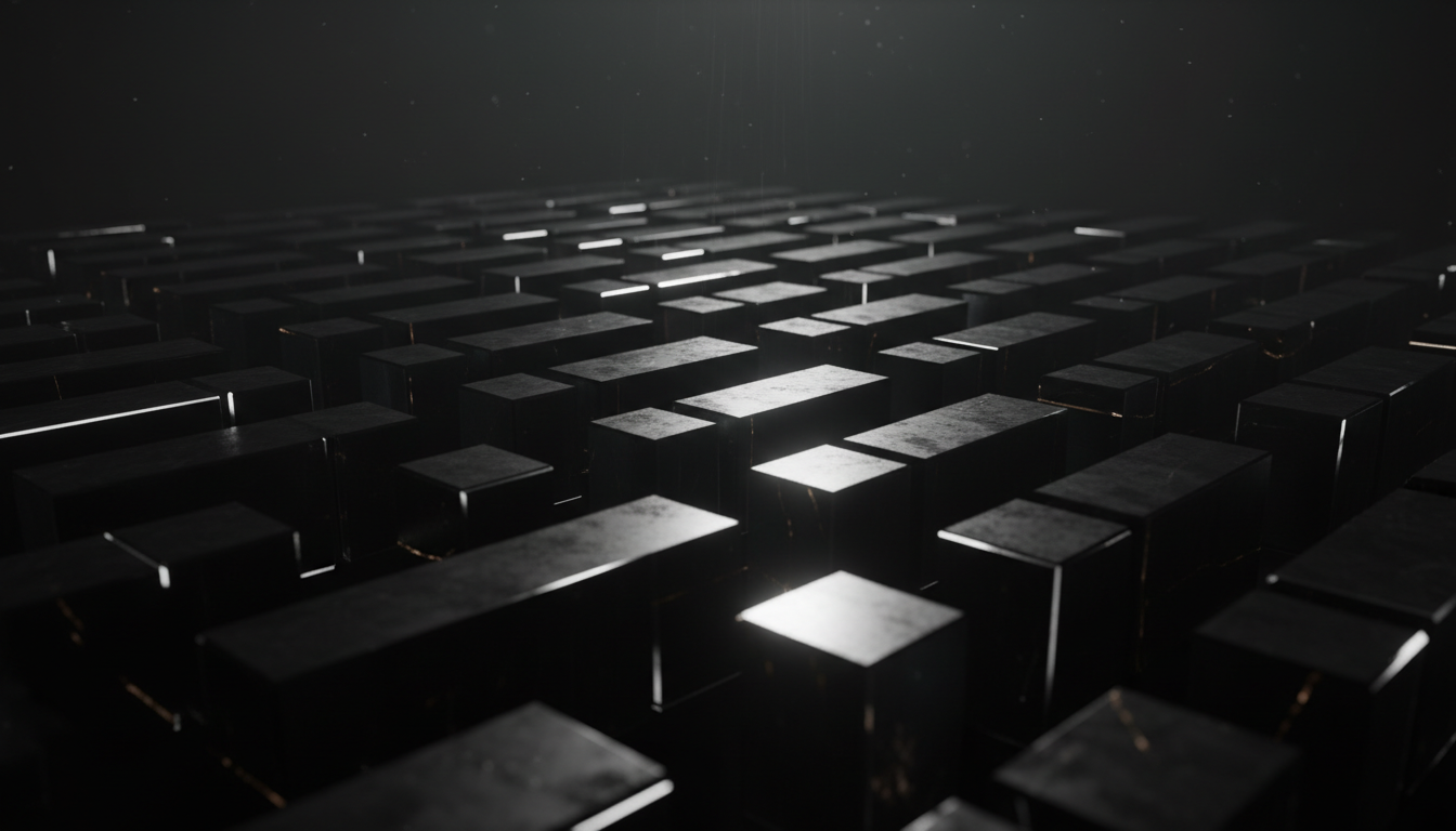 Abstract monolithic obsidian structures floating in a dark void