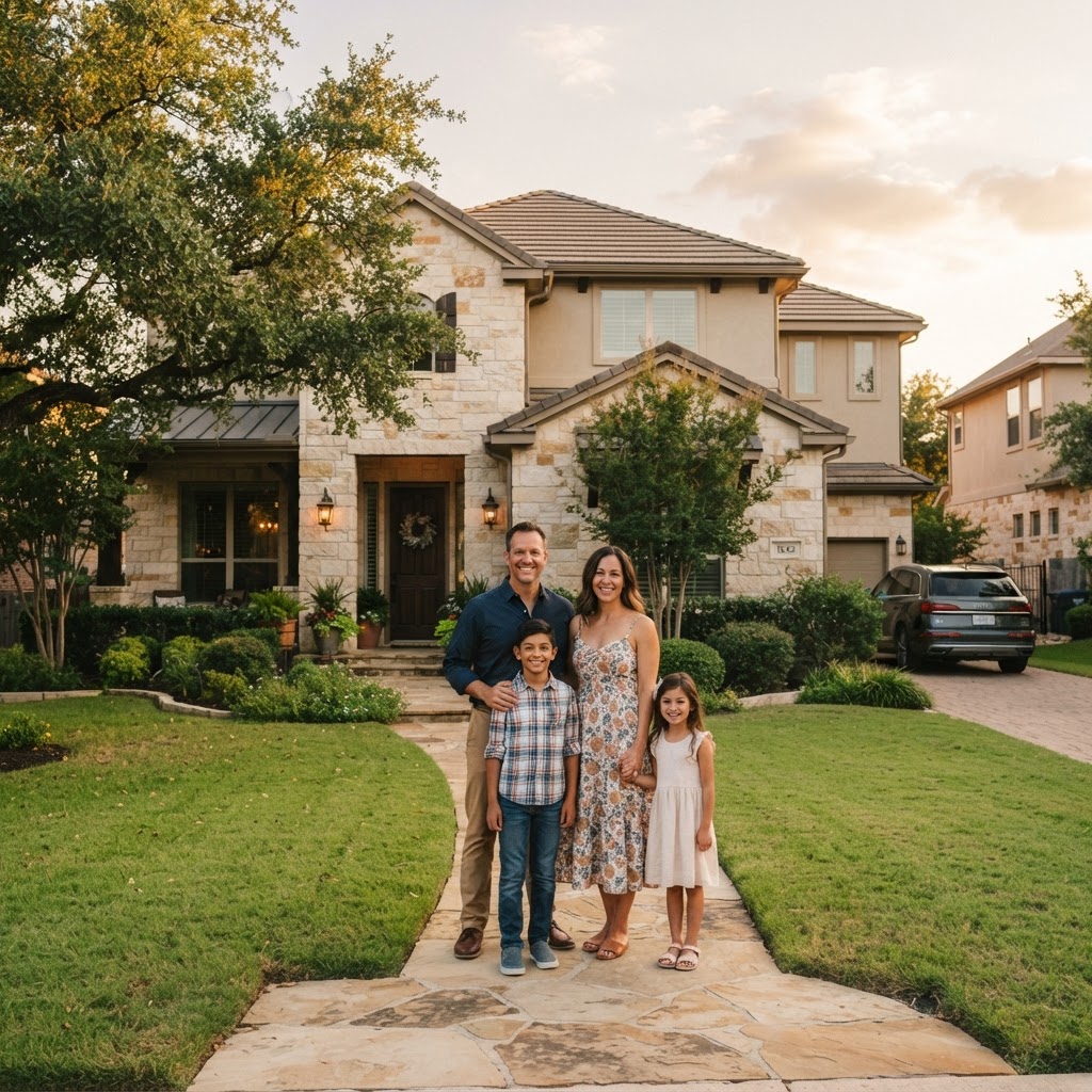 Family standing in front of their home