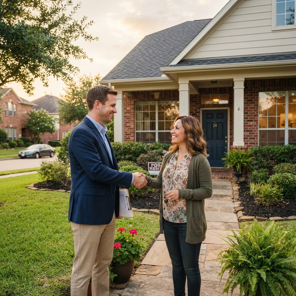 Property owner shaking hands with tenant in front of a single-family rental home