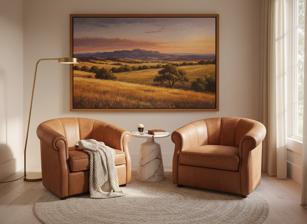 Luxury lounge area with leather club chairs and warm lighting
