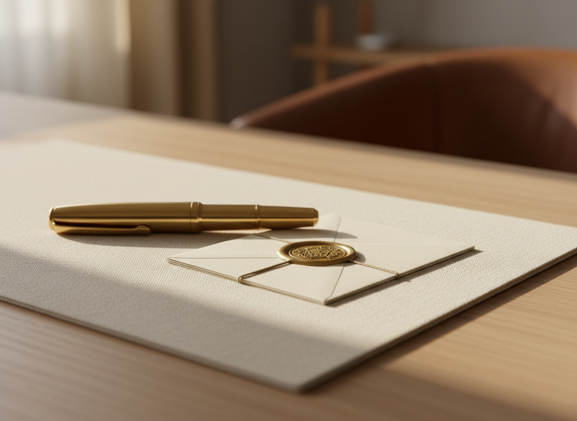 Luxury brass pen on linen desk blotter with cream envelopes