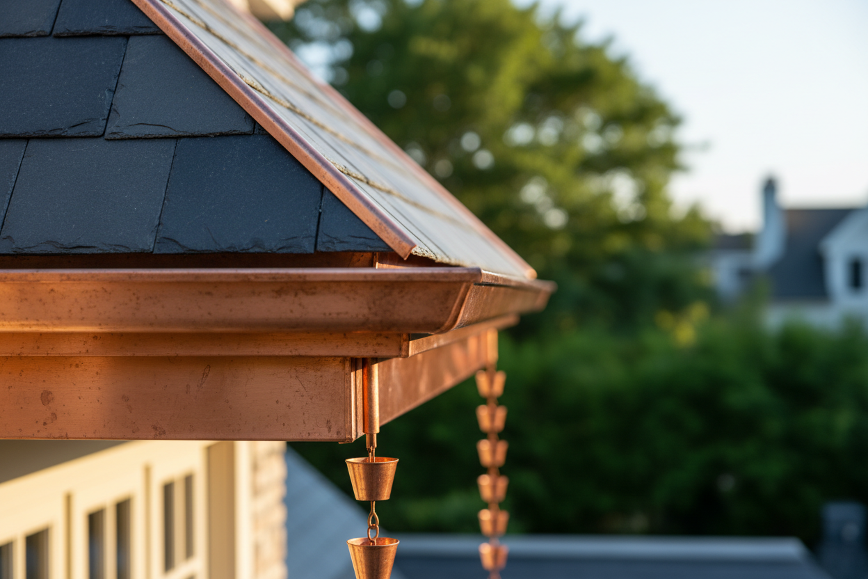 Close-up of copper roof flashing and precision metalwork