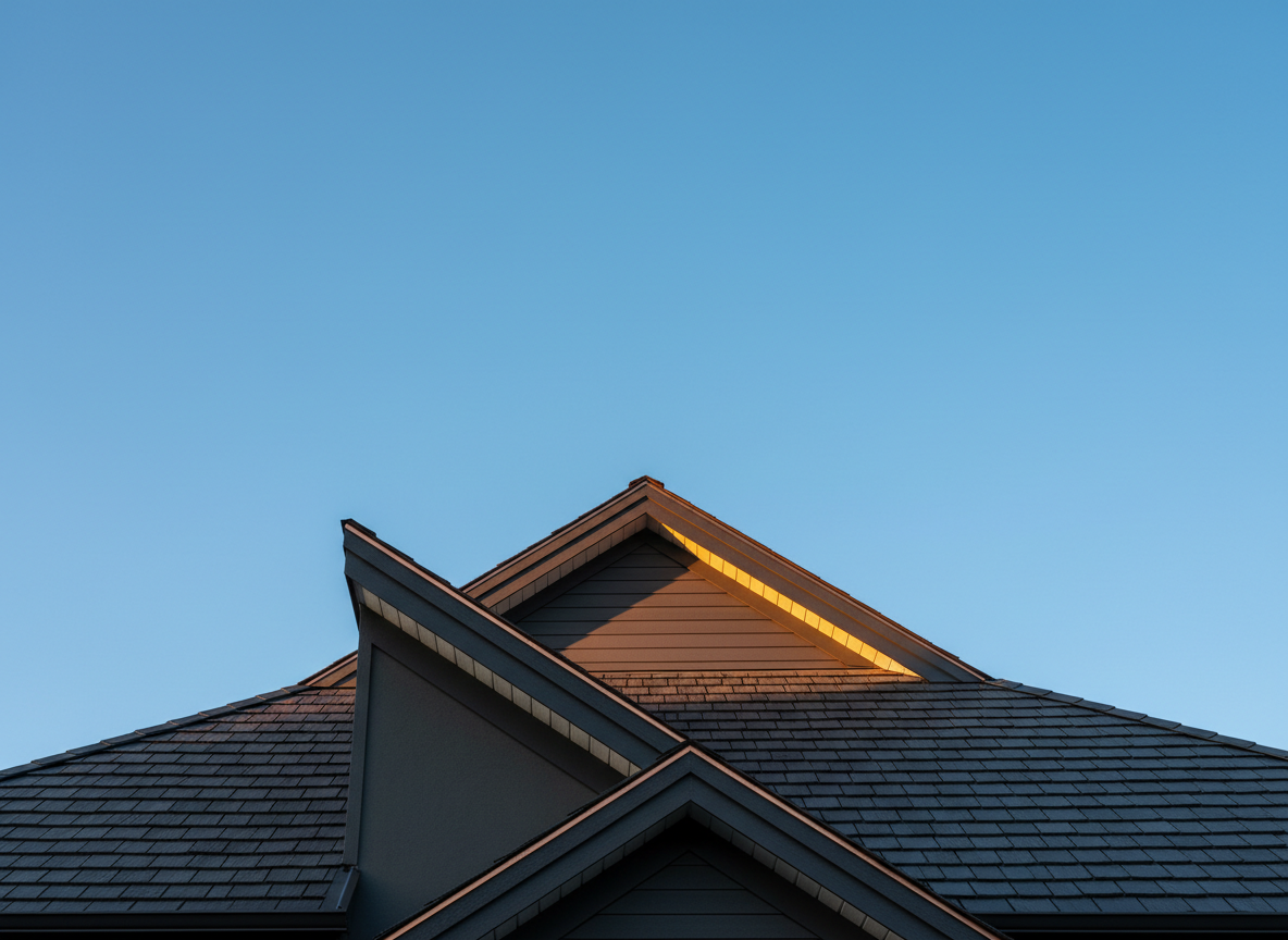 Low-angle view of a luxury home roof peak against a clear sky