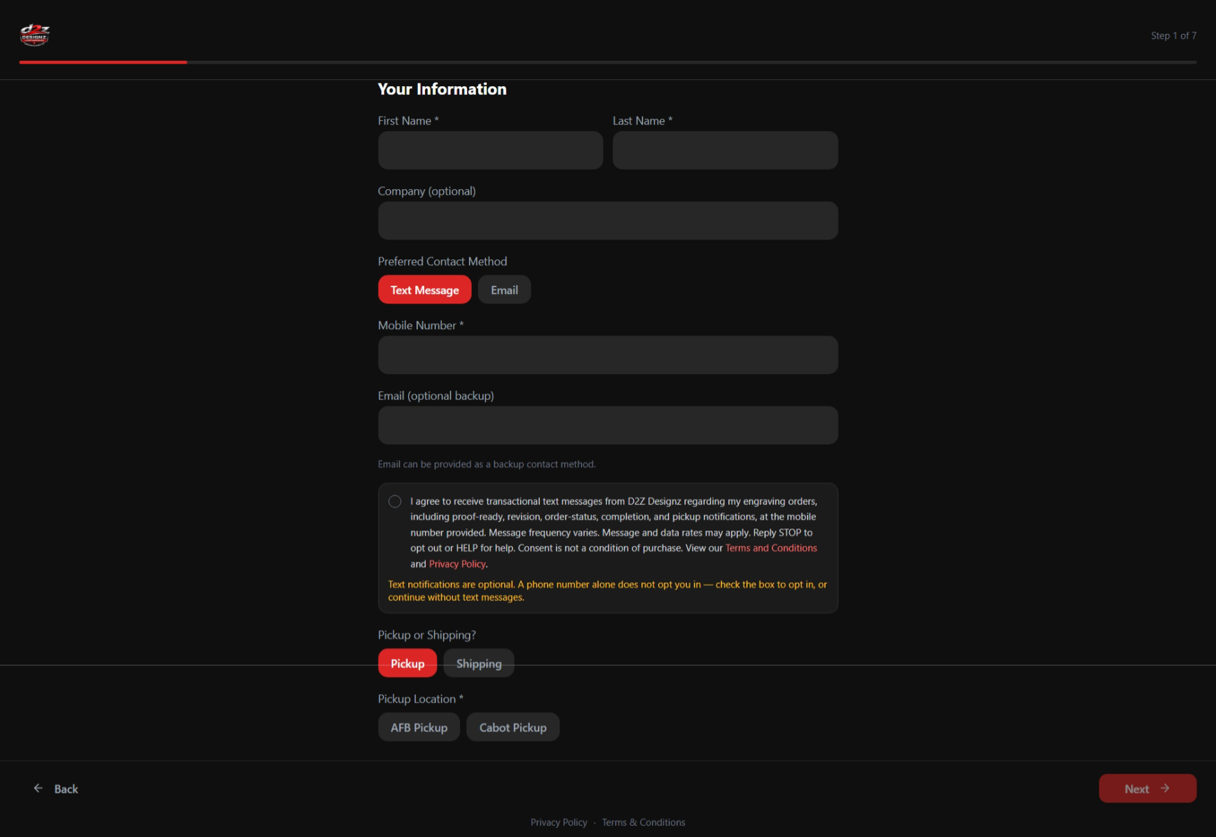 D2Z Designz kiosk SMS opt-in process — Step 1 Your Information screen showing the mobile-number field, contact-method selection, optional SMS consent checkbox, messaging disclosures, opt-out instructions, and links to the Privacy Policy and Terms and Conditions