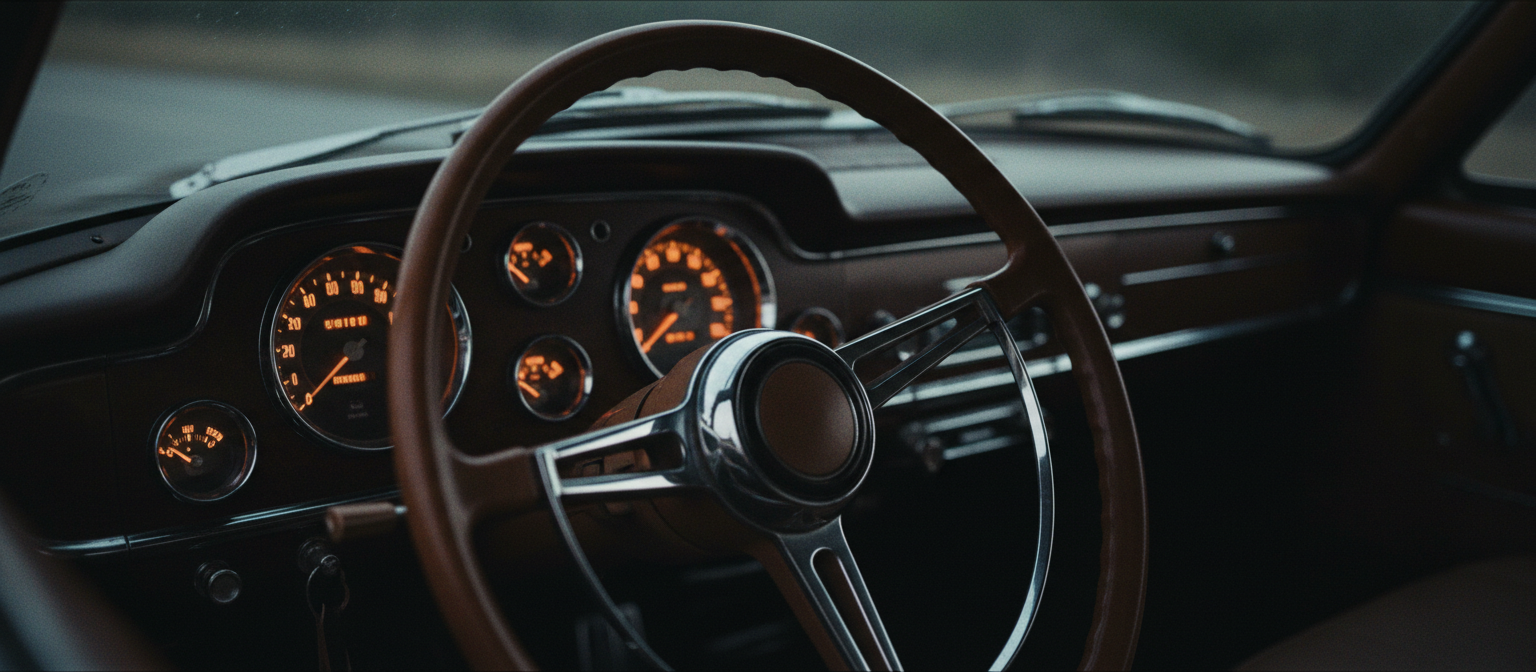 Vintage dashboard at dusk with warm amber gauge glow