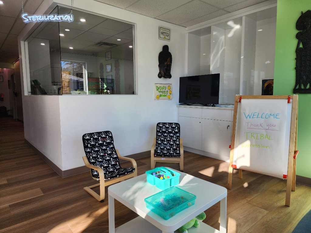 Lobby and waiting area with welcome easel