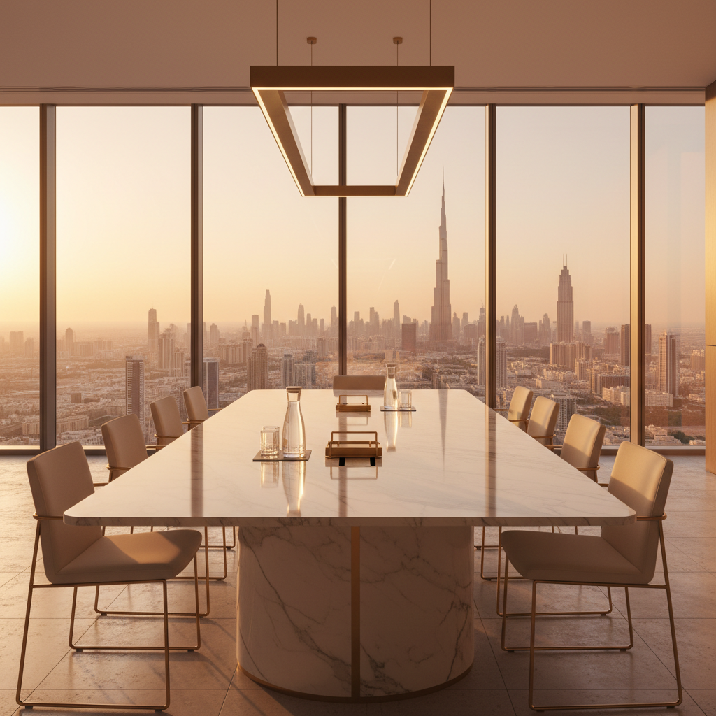 Modern conference room overlooking the Dubai skyline at golden hour