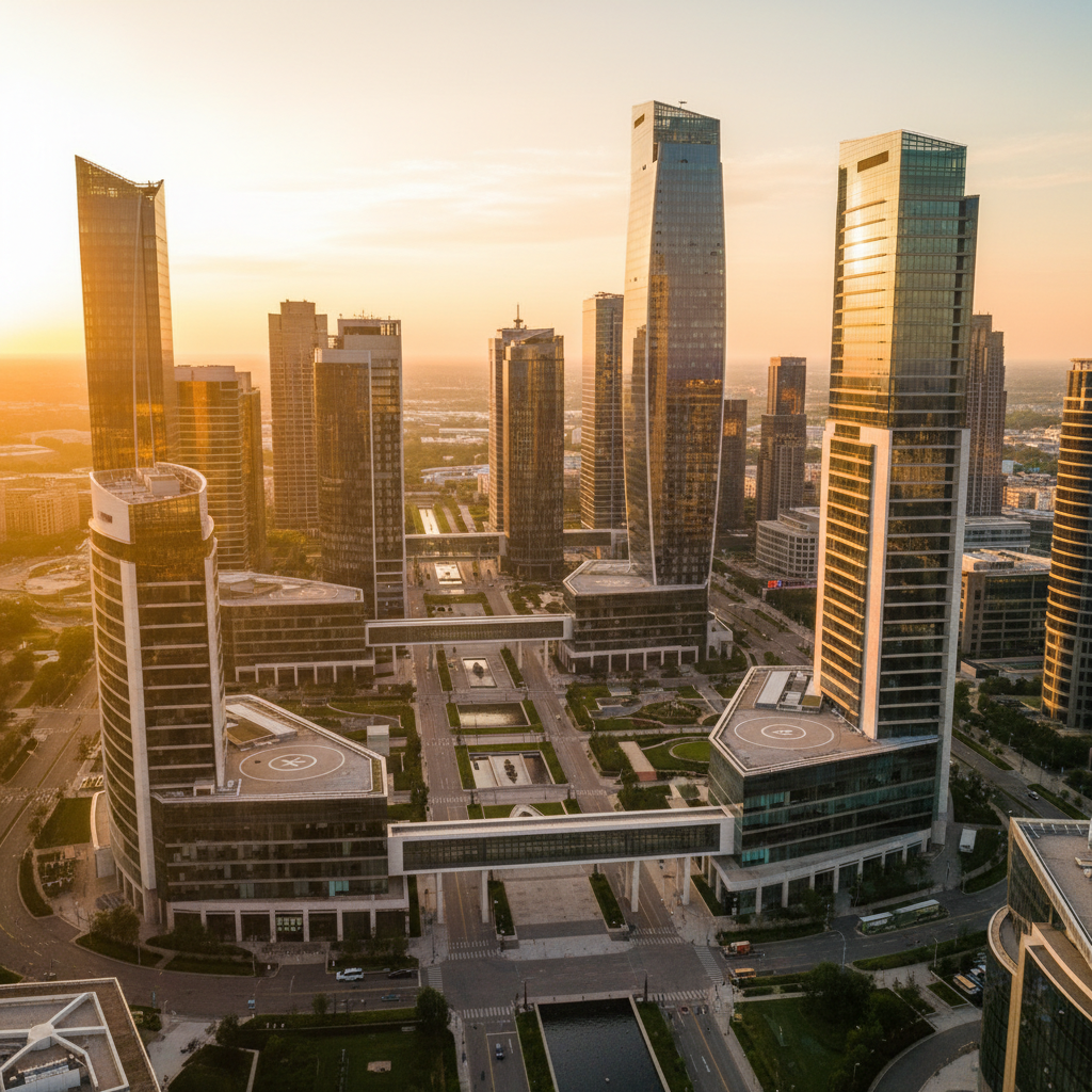 Modern business district at golden hour