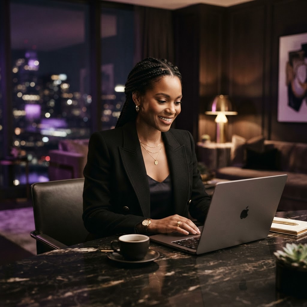 A confident woman building her business on a laptop