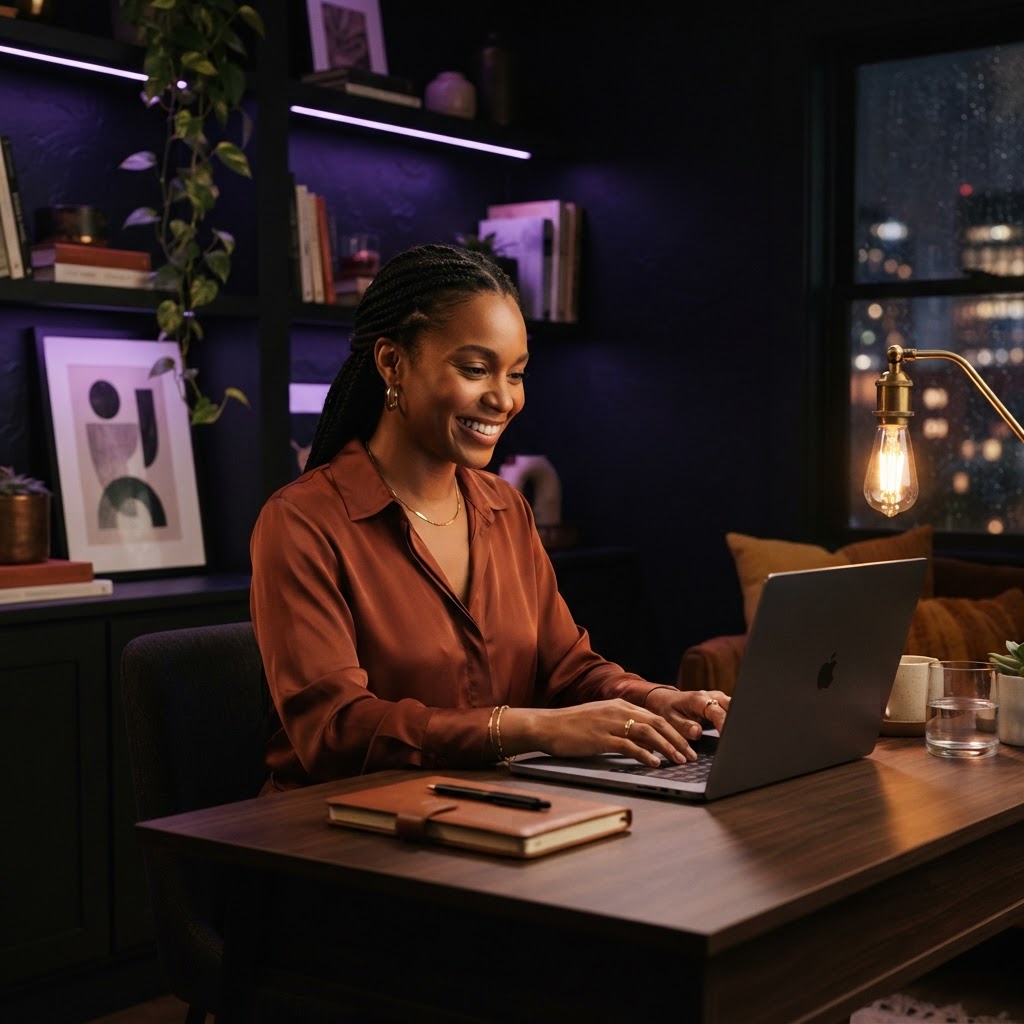 An entrepreneur building her business from a laptop