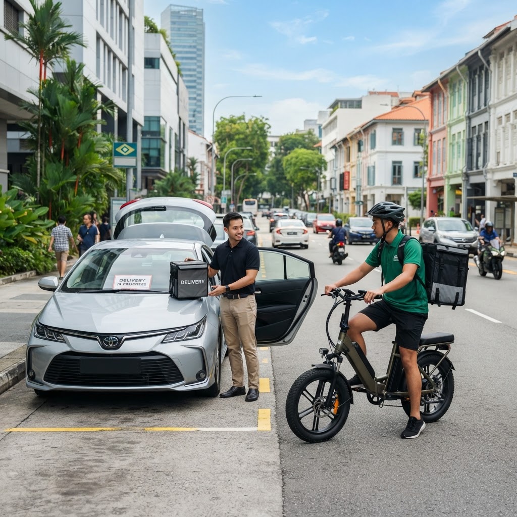 Driver choosing between a car and motorcycle for food and parcel delivery jobs in Singapore
