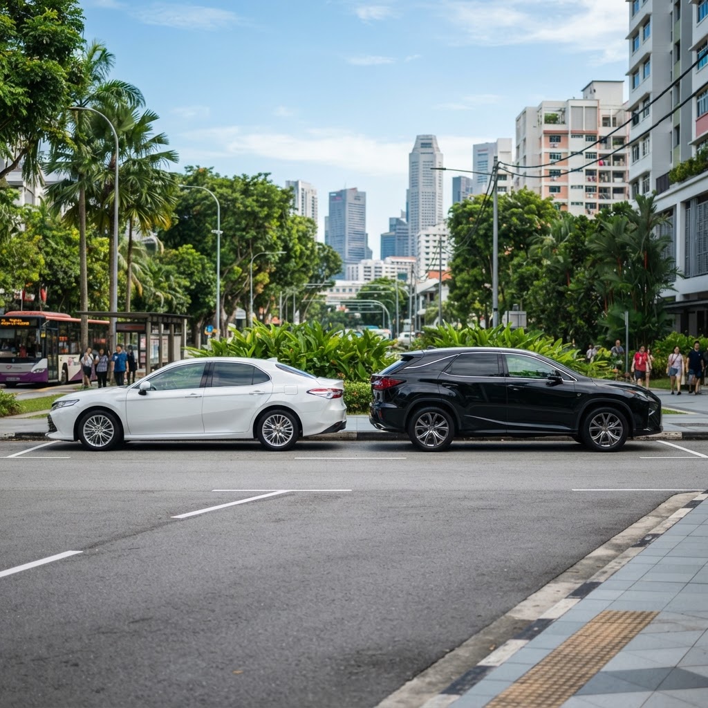 并排对比的白色轿车和黑色SUV，供新加坡租车用户在轿车和SUV之间进行选择参考