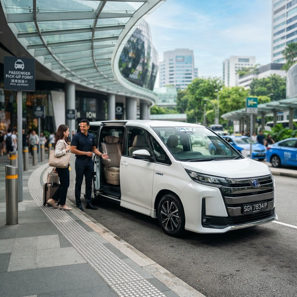 Toyota Noah Hybrid 敞开车门展示宽敞的内部空间和座位，适用于高端私召车服务