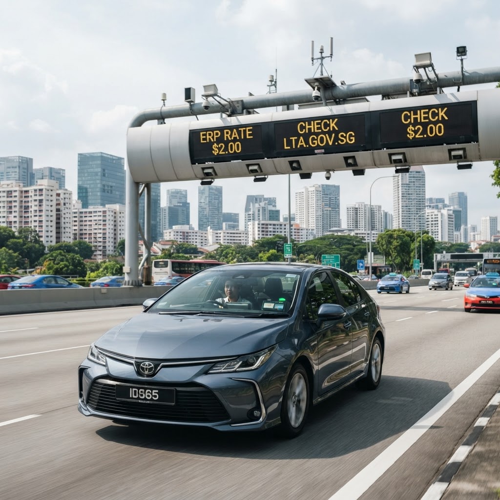 Car approaching an ERP gantry on a Singapore road