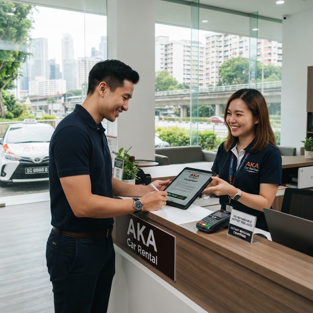 新加坡 AKA Car Rental 友好的工作人员正在向客户交付车辆钥匙，背景是一辆保养良好的租用车