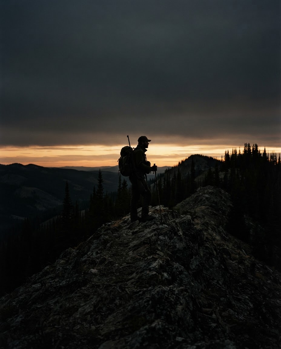Silhouetted hunter on a ridge at dusk