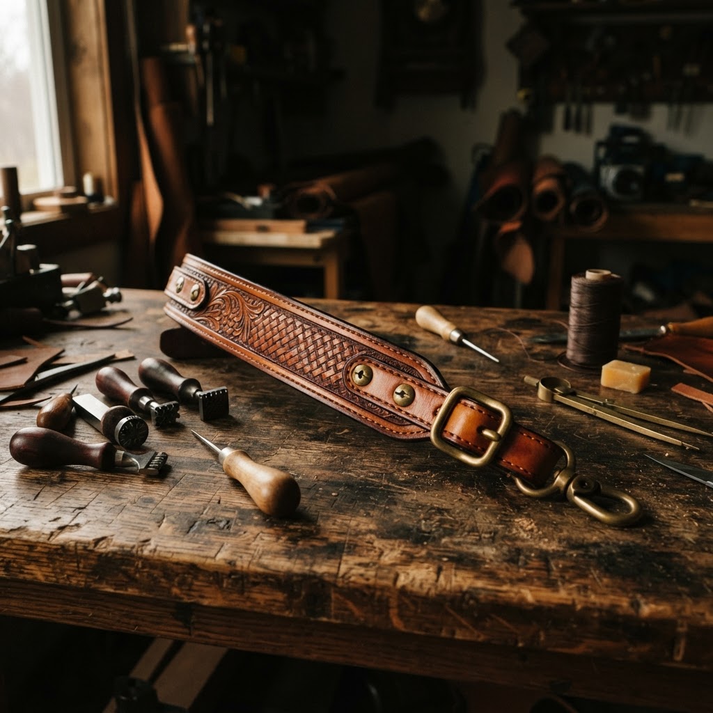 Hand-tooled leather rifle sling on a workbench