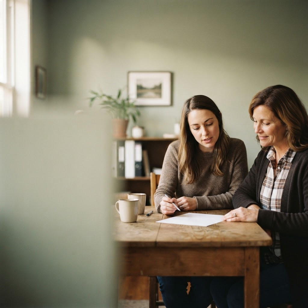 A caregiver and a trusted navigator reviewing a simple plan together at a modest table.