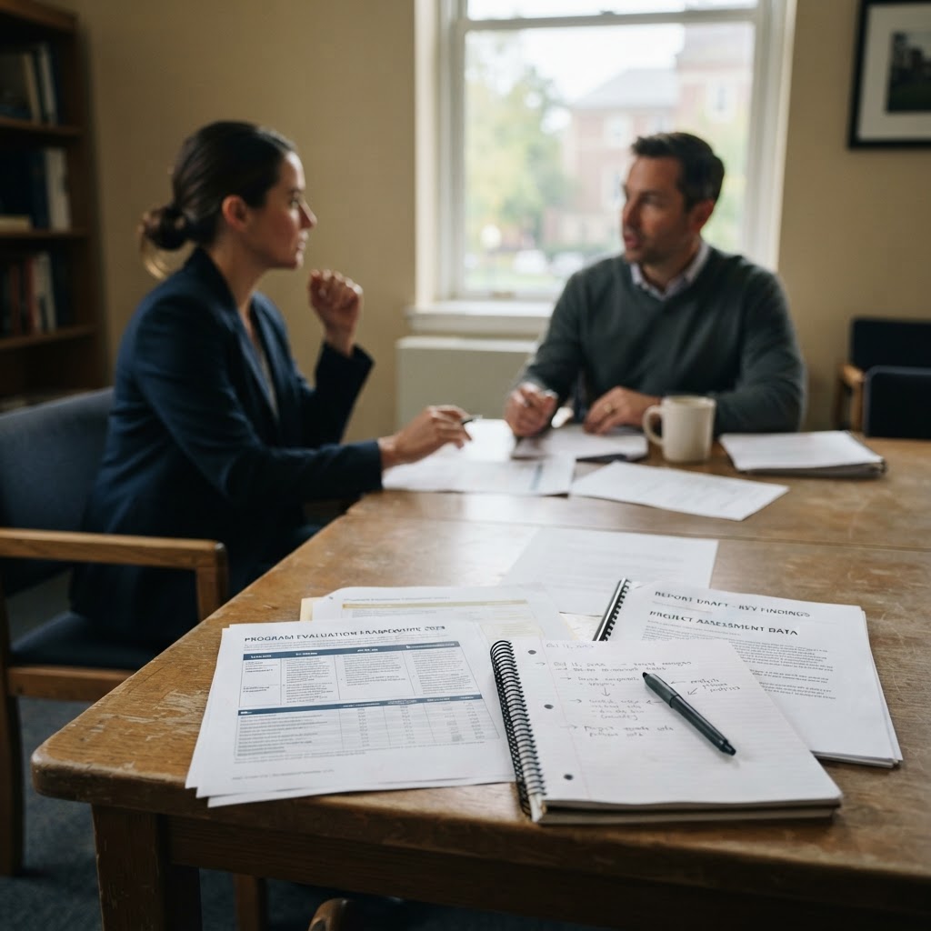 Reviewed documents and a printed evaluation framework on a modest table with professionals discussing in the background.