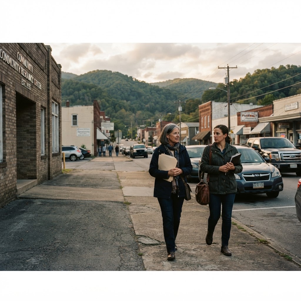 A caregiver and a trusted navigator walking together along a modest West Virginia community setting in soft late-afternoon light.